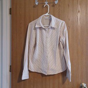 Pre-owned, Covington Blouse, Tan w/Cream Stripes, Size Large